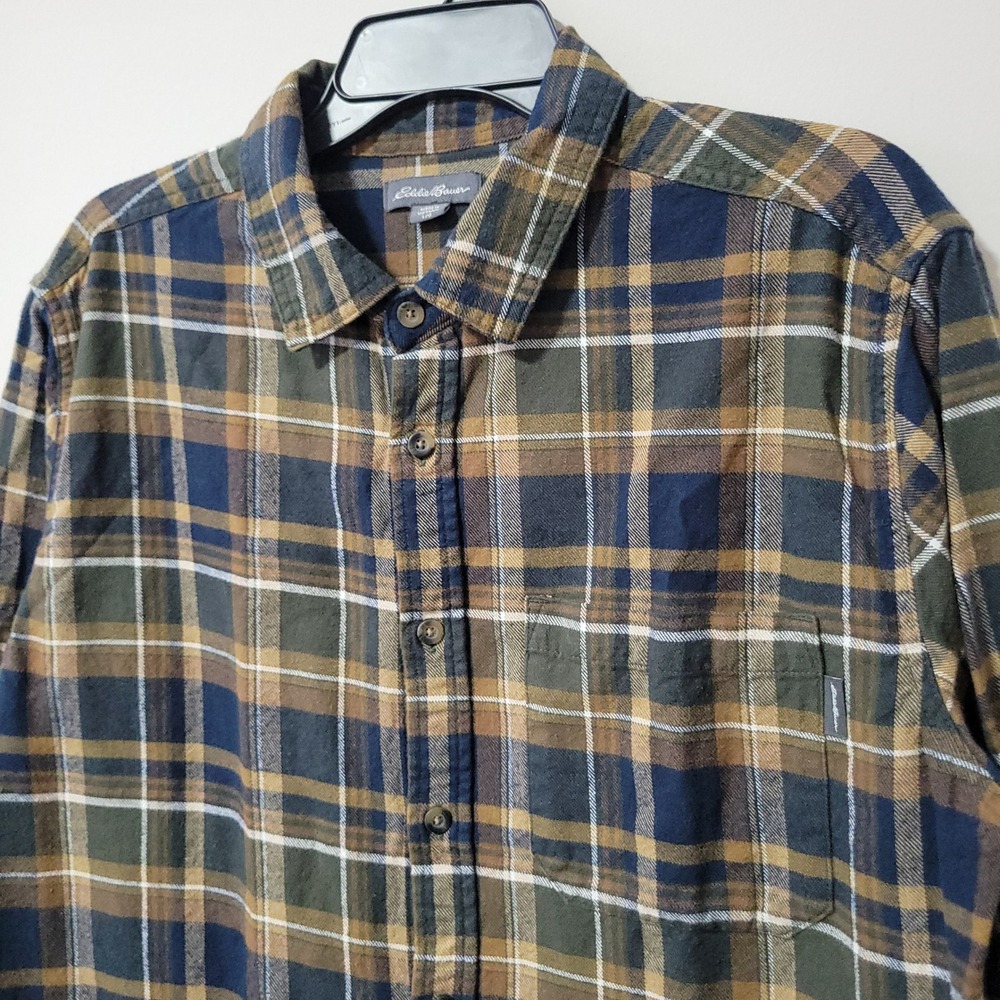 Eddie Bauer Plaid Flannel Shirt Mens Large Green Navy Brown Long Sleeve Outdoor